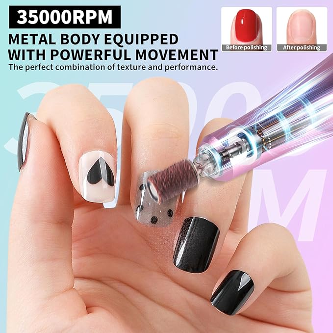 Professional Electric Nail Drill Kit 35000RPM with 14PCS Bits Purple Green Portable Rechargeable Cordless File Machine for Acrylic Gel Powder Nails and Manicure Pedicure Toenail Tool Salon Set