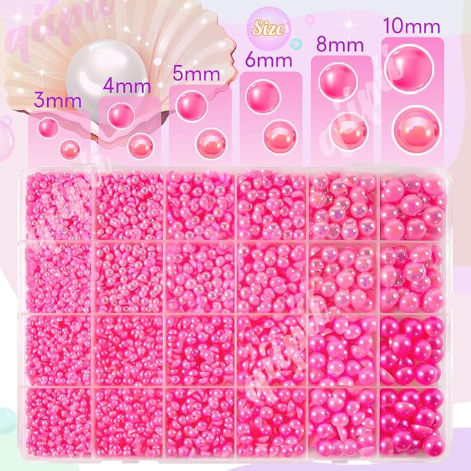 2 Styles Solid Hot Pink+ Rose Pink AB Flatback Pearls for Bedazzling Crafting 3mm-10mm Half Round Pearls Beads Gems Bedazzler Kit for Nails Face Eyes Makeup Tumblers Bottles DIY Crafts Shoes﻿