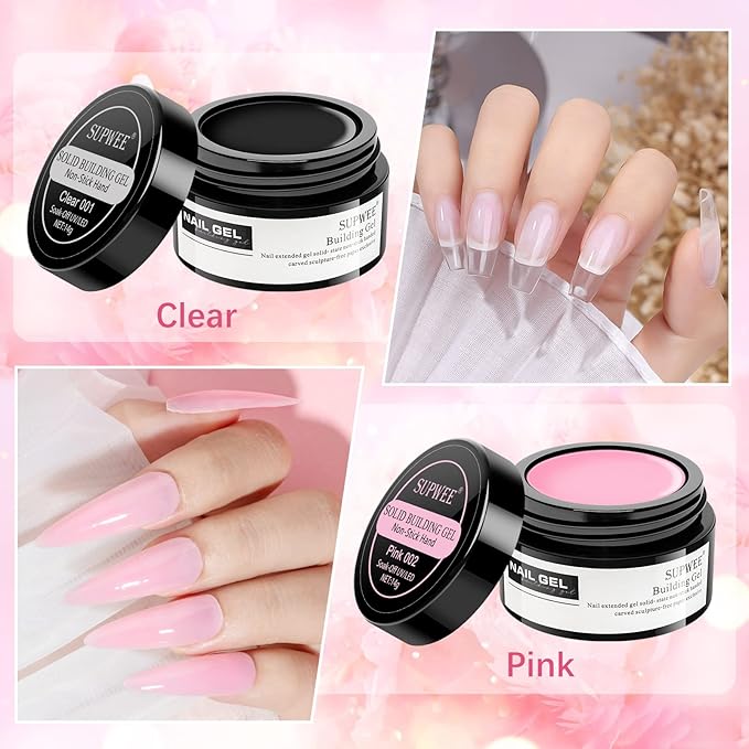 Solid Builder Gel for Nail Extension Clear Pink Non-Stick Hand Sculpture Hard Gel with Dual Form Flower Effect for Home DIY Manicure Set Lamp Cure Require 2 Colors 14g(0.49oz)