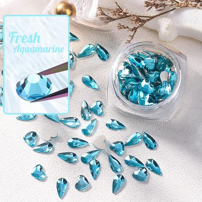 2052Pcs Aquamarine Nail Rhinestones Water Blue Stones for Nails 72 Multi Shapes Big Gems +1980 Flatback Round Beads K9 Glass Lakeblue Crystals Diamonds Jewels Nail Charms Art for Face Makeup