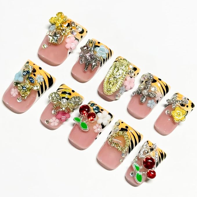 10 Pcs Duck Press on Nails Medium Handmade Fake Nails French Tip with 3D Flower Butterfly Cherry Design Leopard Print False Nails Glossy Acrylic Artificial Full Cover Stick on Nail for Women（M）