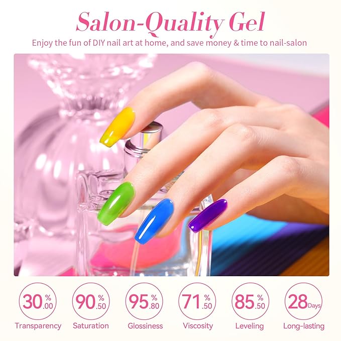 BORN PRETTY Jelly Gel Nail Polish Neon Spring Summer Gel Polish,Hot Pink Red Purple Blue Green Yellow 6Colors Translucent Effect,Soak Off U v LED Light Cure Nail Art Kit Salon Manicure and DIY at Home