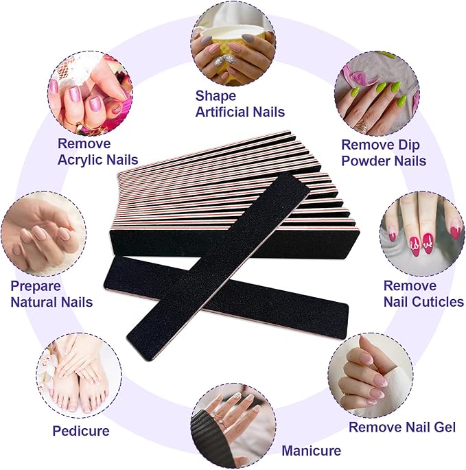 Nail Files (12 Pack), Emery Board Nail File for Acrylic Nails and Natural Nails, 100/180 Grit Double Sided Emory Boards Professional Nail Filer Reusable Washable Manicure Square Black