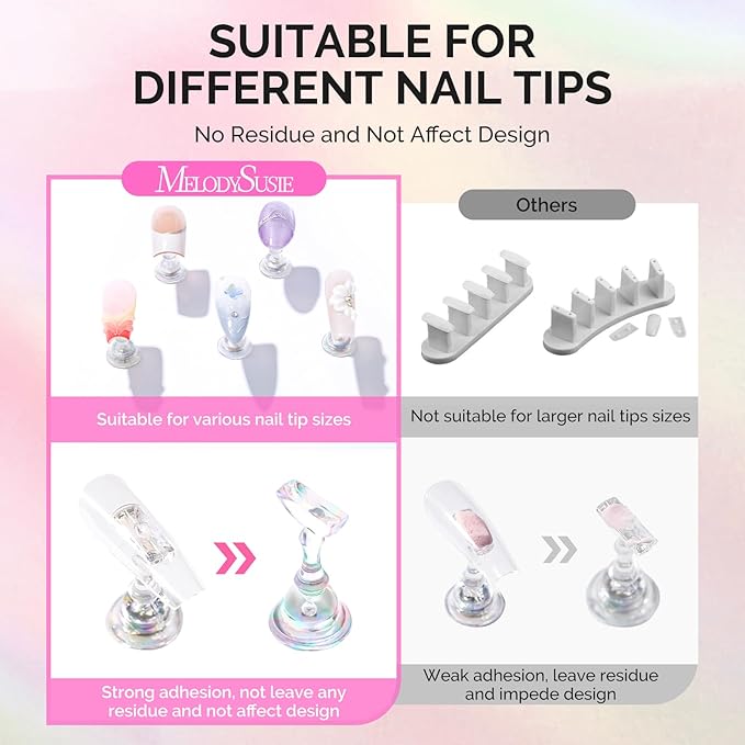 MelodySusie Nail Stand for Press Ons, White Shiny Acrylic Magnetic Base for Painting Display with Brush Holder and 100 Pcs Reusable Double-Sided Tape for Home DIY Salon Supplies