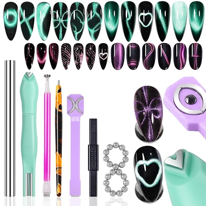 26 Pieces Cat Eye Magnet for Nails 3-in-1 Nail Heart Magnets Cylindrical Strong Nail Magnet Multi-Functional Nail Magnet Wand Flower Magnet Stick Magnetic Beads for Cat Eye Gel Nail Polish