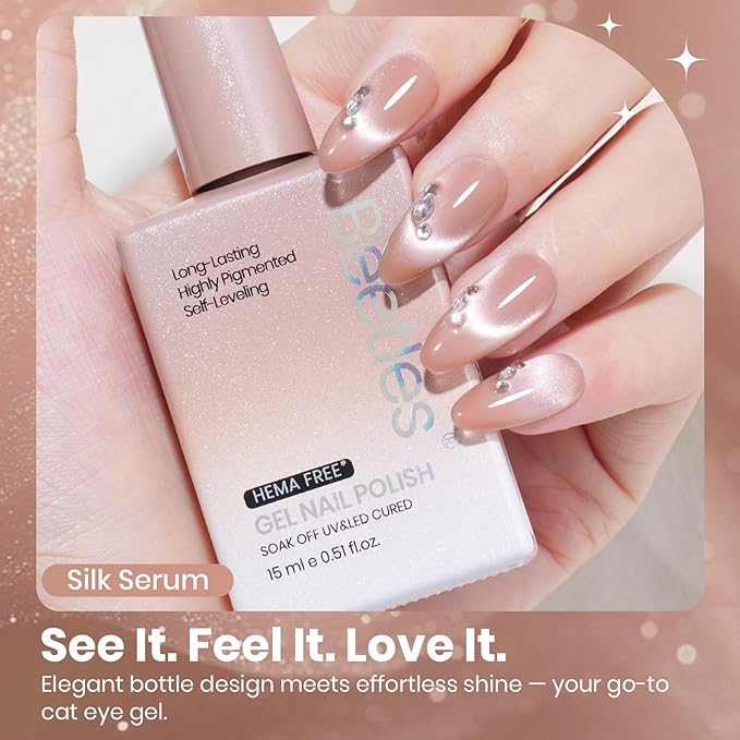 Beetles Silk Serum Nude Cat Eye Gel Nail Polish - 15ML Nude Gel Polish Cat Eye Base Color Glitter Magnetic Translucent Glassy Effect Soak Off UV French Nail Art DIY Manicure Gift for Women