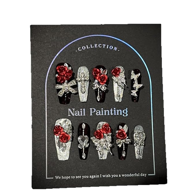 3D Press On Nails, Luxury Long Ballerina Shape, Red Rose and Silver Glitter Design, 10 Pieces, Fall Winter Collection (Medium, LC)