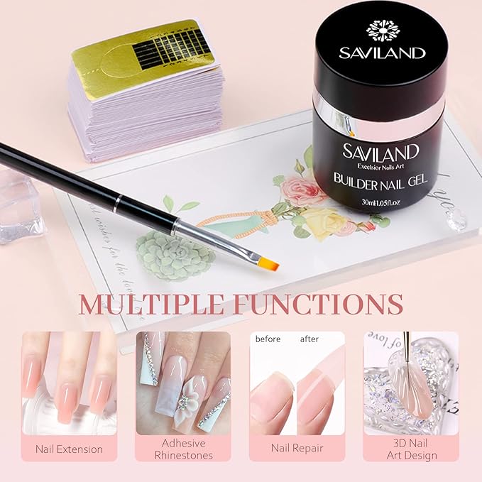SAVILAND Builder Nail Gel Kit: 30ml Nudes Pink Hard Gel Nail Extension with Air Cushion Design, Base and Strengthener Builder with 100pcs Forms and Acrylic Brushes