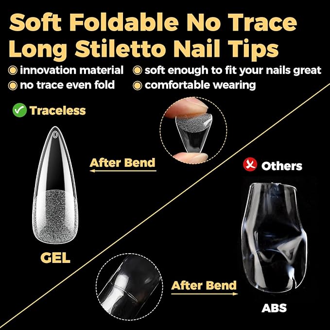 UNA GELLA Long Stiletto Gel Nail Tips, 600Pcs Pre Etched Long Stiletto Almond Nail Tips Clear Fake Nails Press on Nails No C Curve for DIY Art Salon at Home 12 Sizes