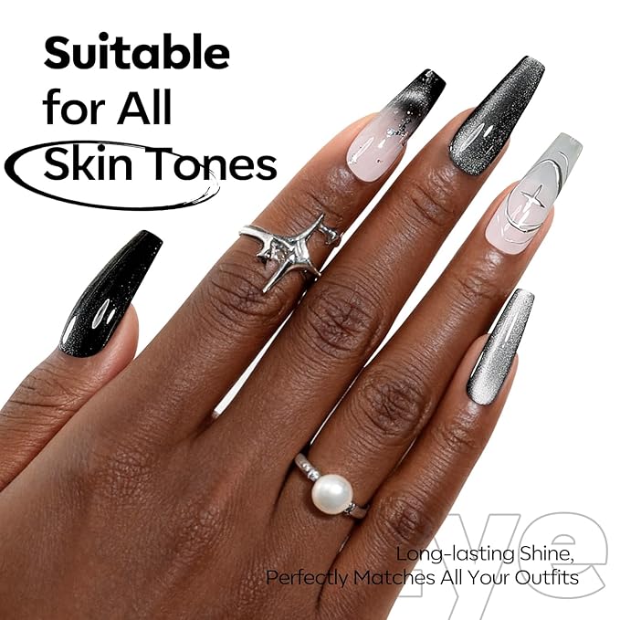 modelones Black Cat Eye Gel Nail Polish Silk Glass Shimmer Black Nail Polish Holographic Glitter Magnetic Polish with Magnet Soak Off Led 15 ML