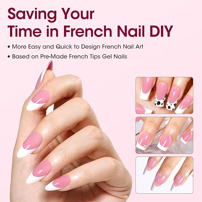 Gellen Almond French Tip Press on Nails Pink, 3 in 1 Soft Gel Nail Tips, Pre-colored Press on Nails Medium Almond Fake Nails with White Tips, Nail Extension Gel Nails Tips