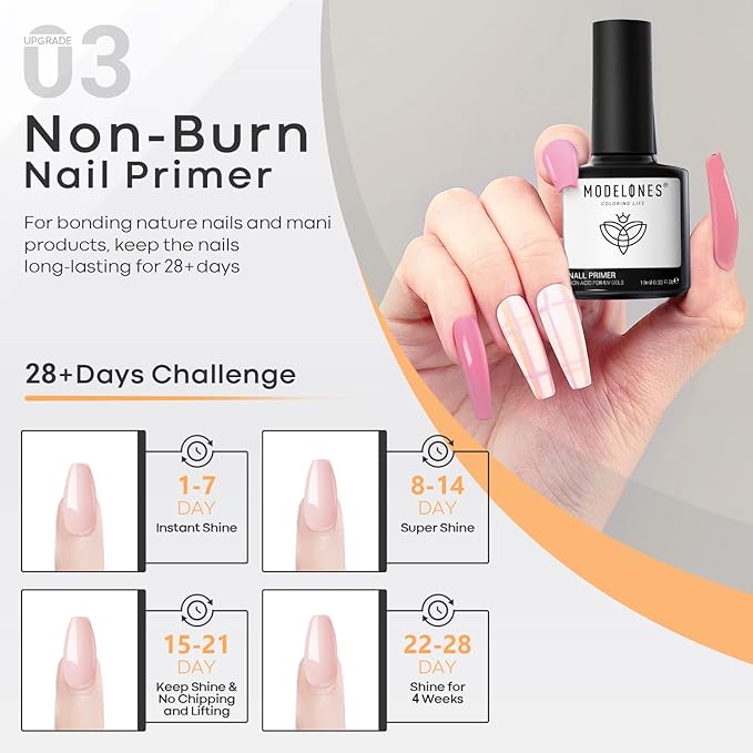 modelones Base Top Coat Gel Polish with Nail Primer, 3 Pcs No Wipe Clear Base and Top Coat Nail Bonder Primer Set for Nails Super Shiny Long Lasting Home DIY Manicure Gift for Women