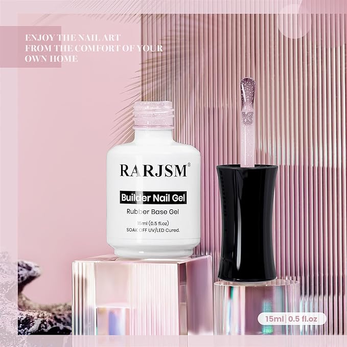 RARJSM Nude Pale Pink Rainbow Glitter Rubber Base Coat Gel Nail Polish Natural Skin Tone Iridescent Shimmer Brush on Extend Jelly Gelpolish Soak Off Curing Requires 15ml Salon Home French Manicure
