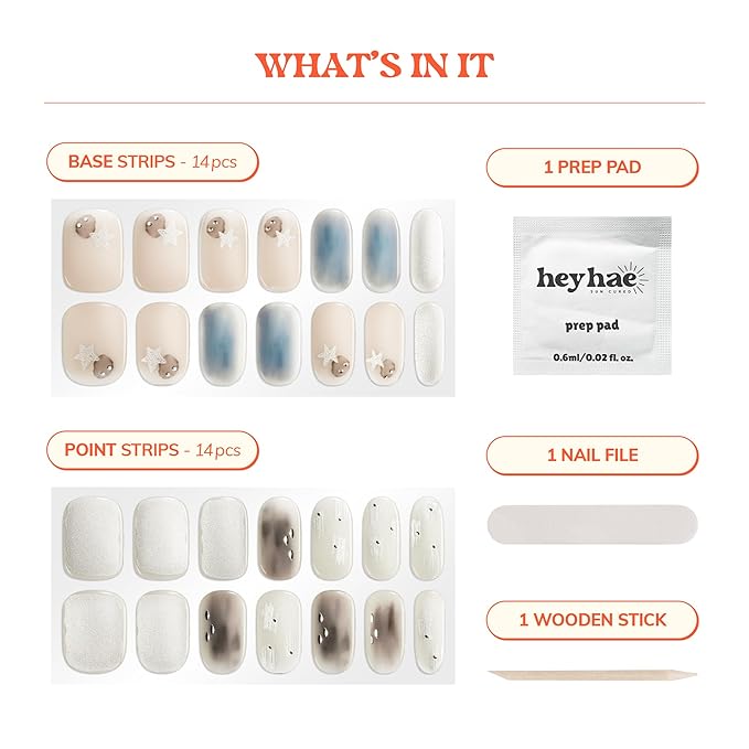 Heyhae Semi Cured Gel Nail Strips | No LED Lamp Needed | Ombre, Blue, White | Easy Apply & Remove, Salon Quality | Includes 28 Strips, 1 Prep Pads, Nail File & Wooden Stick - Hey, Sweet Dreams Babe