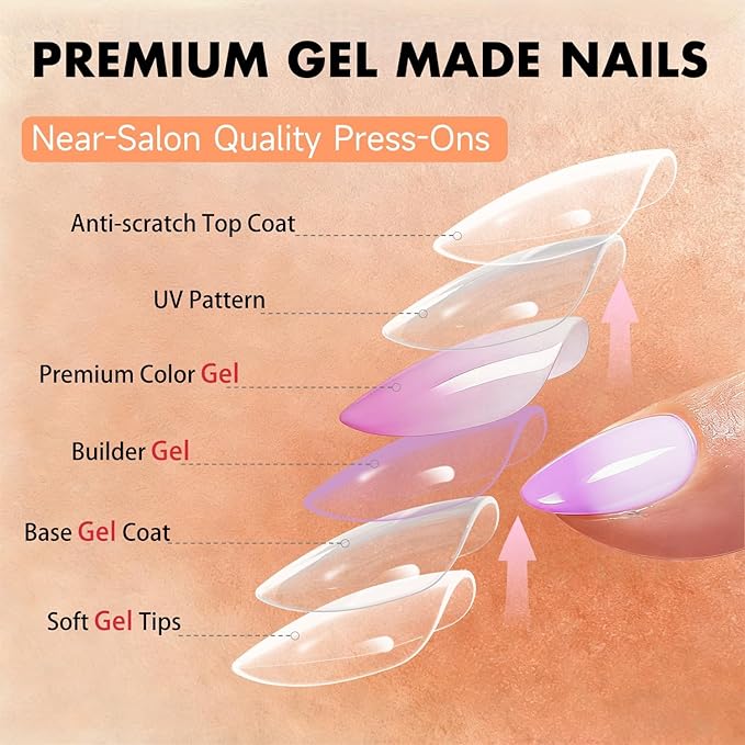 Chrome Ombre Lilac Press on Nails Short Almond, Glazed Cute Fake Nails with Sparkle Mirror Design, Shiny Glitter Glue on Nails Stiletto, Gradient Nude Gel Nail Press ons with Glue 30 Pcs