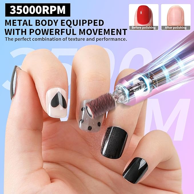 Professional Electric Nail Drill Kit 35000RPM with 14PCS Bits Purple Blue Portable Rechargeable Cordless File Machine for Acrylic Gel Powder Nails and Manicure Pedicure Toenail Tool Salon Set