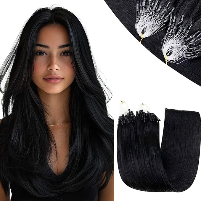RUNATURE Black Micro Beads Hair Extensions Real Human Hair Black Microlink Hair Extensions Human Hair Cold Fusion Full Ends Straight 16 Inch 50g 50s