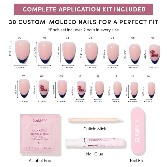 Glamnetic x Fanatics Press On Nails - Mississippi Rebels | Short Almond Fake Nails, Collegiate Mississippi Blue French Tips, College Nails, Salon-Quality | 15 Sizes - 30 Nail Kit with Glue