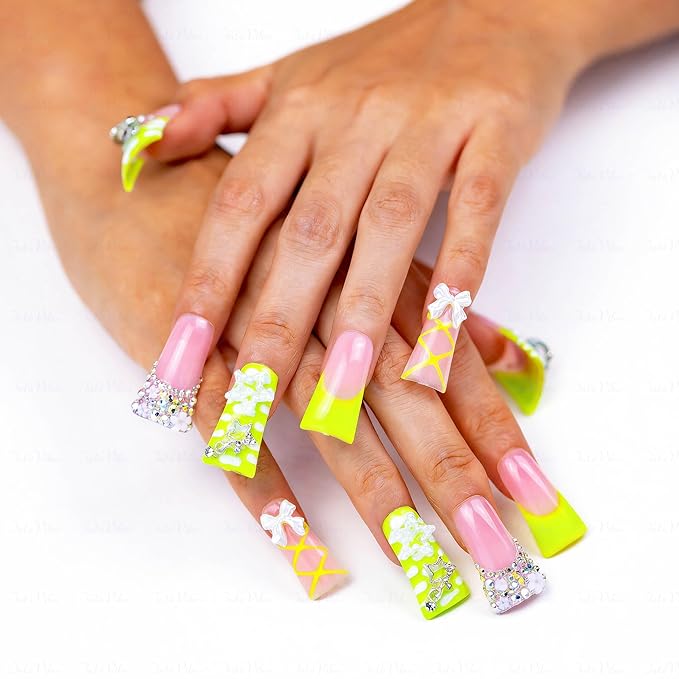 10 Pieces Luxury Acrylic Press On Nails Long Handmade Duck Nails, Green Thickened False French Nails, With 3D Bowknot And Stars, Reusable Fake Nails, Acrylic Nails (S)