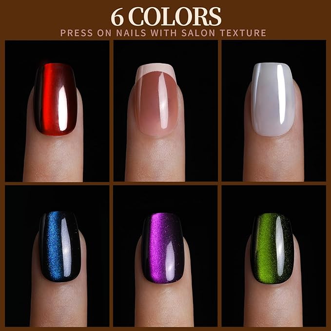 FANDAMEI Press On Nails, 6 Colors Cat Eye Press On Nails Short, Natural Fake Nails Glossy French Tip, Cat Eye Nails for Women Salon Quality, Christmas Iridescent Press on Nails Kit