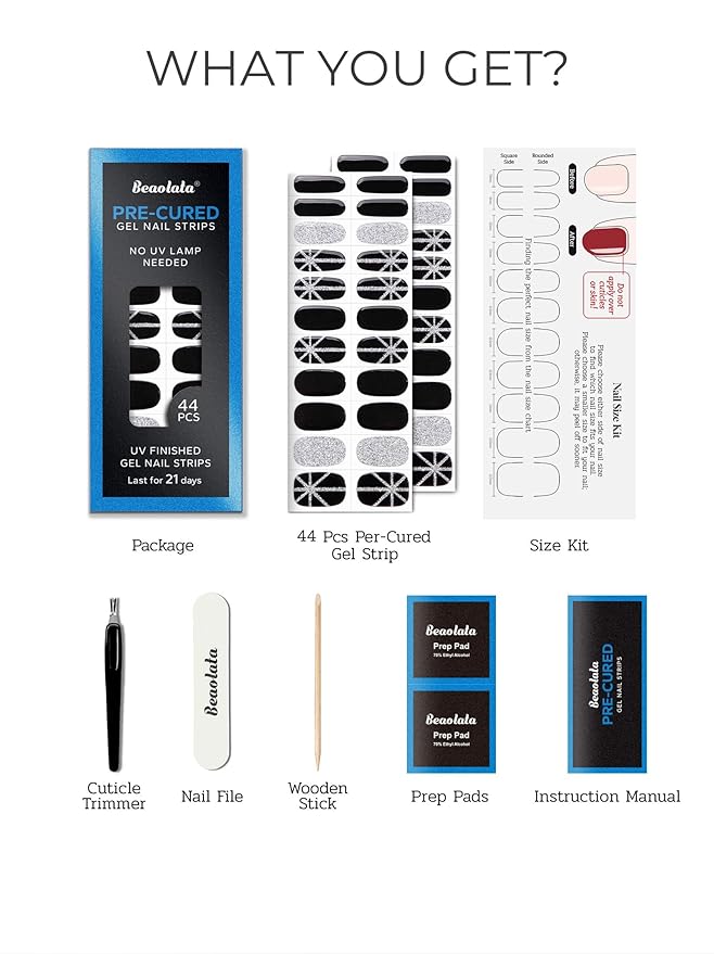 Pre Cured Gel Nail Strips - 44PCS Salon Quality Gel Nail Stickers - Long Lasting Polish Wraps for Women no UV Light Needed Easy Apply & Remove (Sultry Black