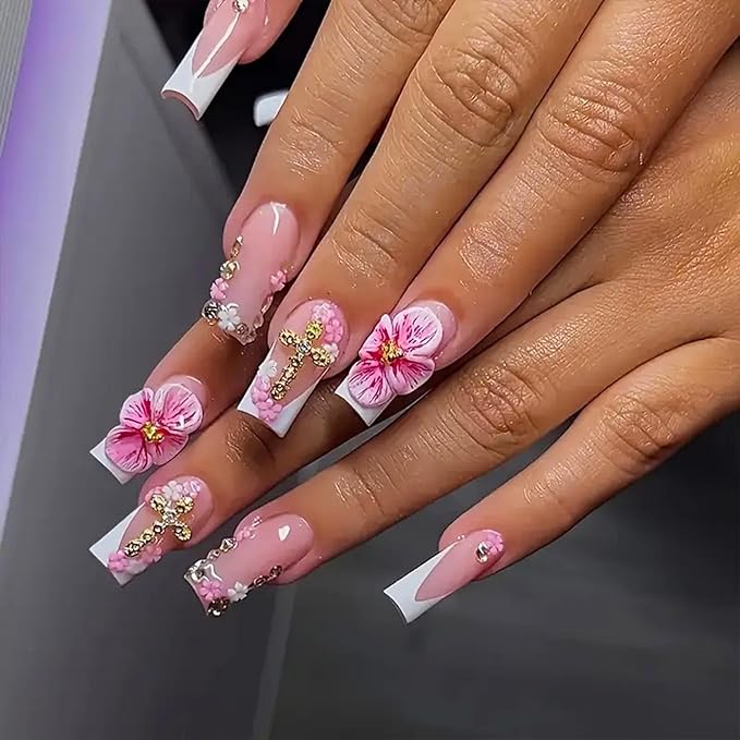 48Pcs Square Press on Nails Medium & Press on Toenails Set, Pink Flowers Fake Nails Short Press on Toe Nails French Cross Acrylic Nails Kit Full Cover Stick on Toe Nails for Women Manicure