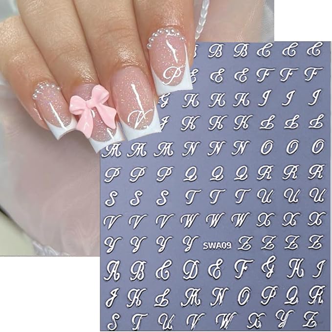 6Pcs Music Note Nail Art Stickers 3D Retro English Letters Nail Stickers Self Adhesive Gold Silver Black Old Alphabet Music Note Pattern Design Nails Decals English Manicure Decoration for Women Girls