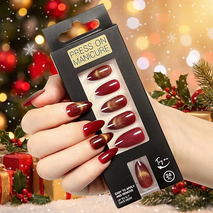 Press On Nails Cat Eye- Hot Red Almond Glitter Static Acrylic Fake Nails, Reusable Manicure for Glam Party Style, 24 Nails in 12 Sizes with Glue, Tabs, File, Prep Pad, Manicure Stick