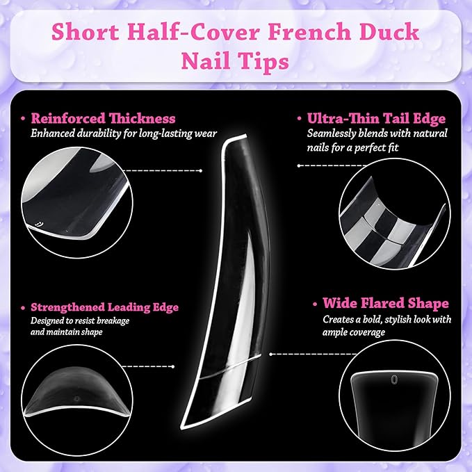 outopen 500pcs Short Duck Nail Tips S Feet Clear Flare Nail Tips for French False Nail Extension Y2K Vibe Half Cover Duck Tips for Polygel Acrylic Extension Beginners DIY Manicure, 10 Sizes