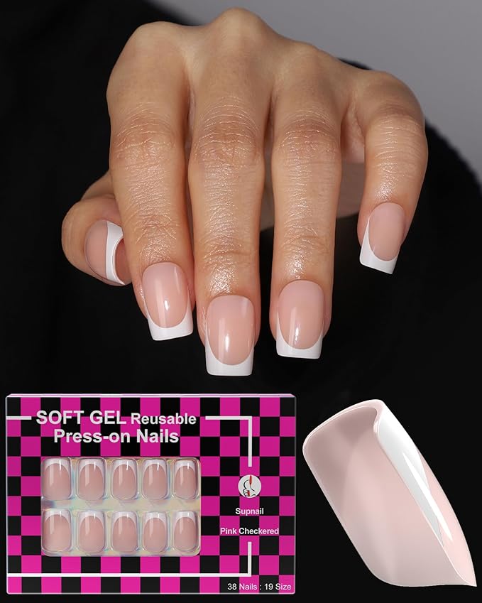 Press on Nails,French tip Short Square, 19 Sizes, 38 Pieces,Fake Nails with Brush-on Glue & Adhesive Tabs (Classic French)