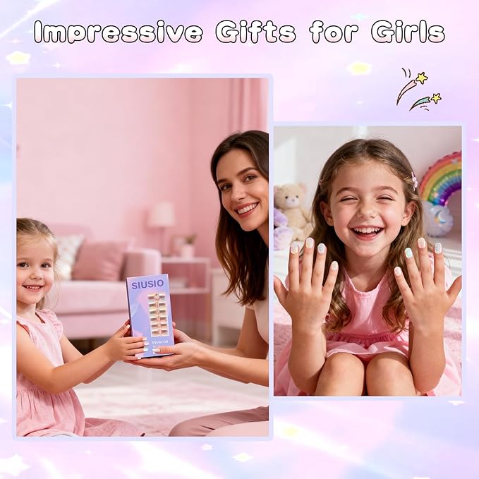 SIUSIO 3Pack Children Acrylic Fake Nails, 72pcs Press on Full Cover Gradient Color Rainbow Short False Nail Art Kits Set with Sticker Tabs Nail Glue Gel for Kids Little Girls Women - Rainbow Nebula