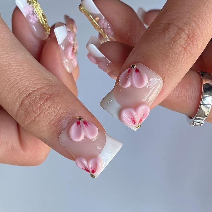Luxury Press on Nails Short Duck Handmade 3D Unique Reusable ABS Material Fake Nails White French Tip False Nails with Designs Pink Flower Rhinestones Glossy Glue on Nail Thick Acrylic Nail(M)