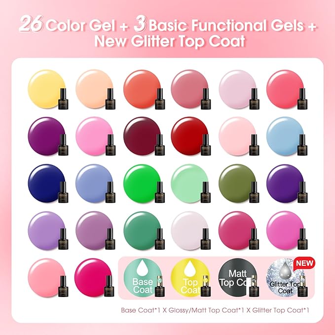 ROSALIND 30PCS Gel Nail Polish Set with Base Glossy Matte and Glitter Top Coat Gel Polish, Pink Green Hot Pink Gel Nail Set Soak Off Gel Polish Set