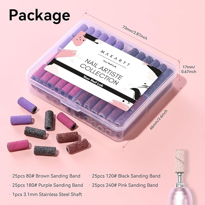 Makartt Nail Drill Bits Sanding Bands - for Nail Drill 100 Pcs 4 Color Coarse Fine 80/120/180/240 Grit File Small Sanding Band with 3.1mm Mini Mandrel Nail Bit Set for Acrylic Nails Gel
