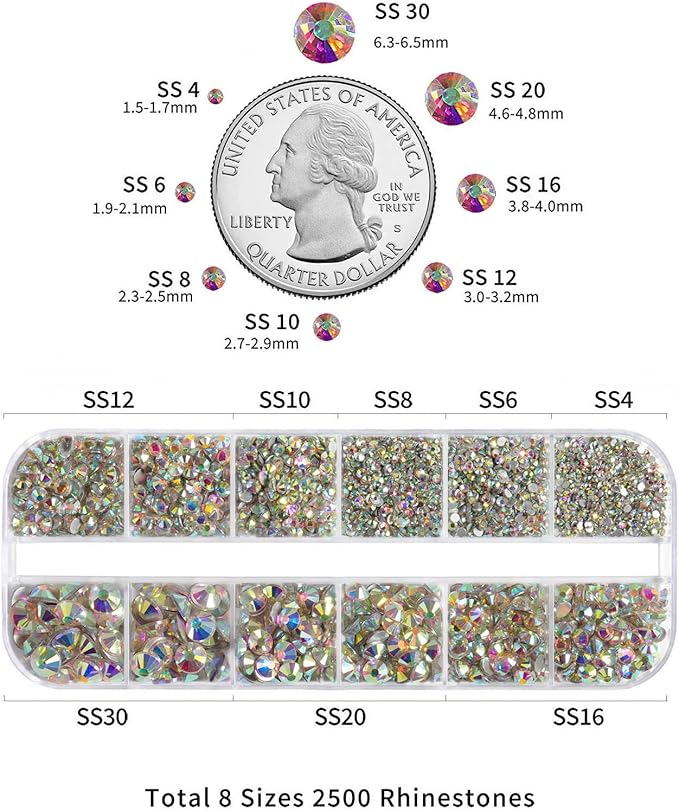 Beadsland Rhinestones for Makeup,8 Sizes 2500pcs Crystal AB Flatback Rhinestones Eye Gems for Nails Crafts with Tweezers and Wax Pencil,Crystal AB,SS4-SS30