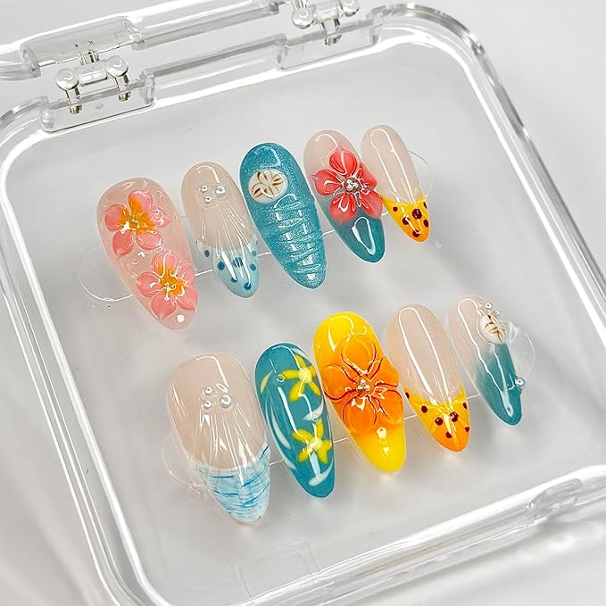 Luxury Press on Nails Medium Almond French Tip Handmade 3D Unique Reusable ABS Material Fake Nails Beach False Nails with Designs Summer Floral Art Petal Glossy Glue on Nails Thick Acrylic Nails(S)