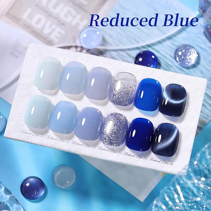 Born Pretty Blue Gel Nail Polish Series,Jelly Transparent,Cat Magnetic Eye,Shimmer Glitter Holographic Blue Gel Polish Kit for Salon Manicure and Nail Art DIY at Home