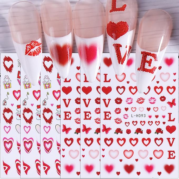6 Sheets Valentines Nail Stickers for Nail Art Romantic Heart Nail Art Stickers Red Lips Rose Nail Decals 3D Self-Adhesive Envelope Love Hearts Valentine Nail Decorations for Women DIY Holiday Nails