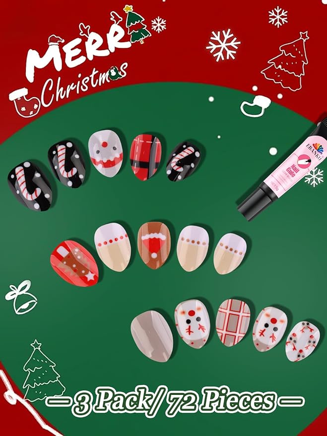 EBANKU Christmas Kid Press on Nails, 72Pcs Xmas Almond Fake Nails Kit Full Cover Christmas Theme Design False Nail with Nail Glue for Girl