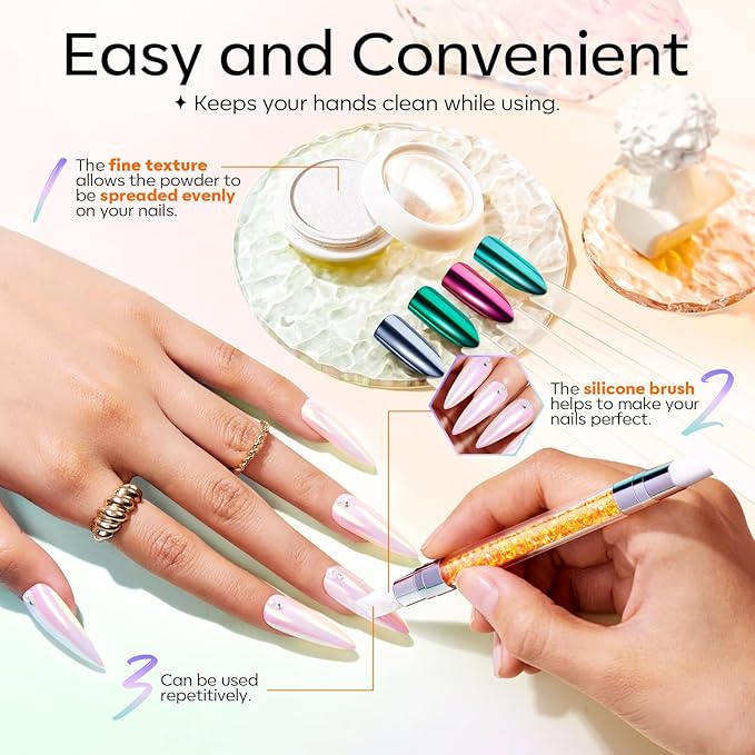 modelones Chrome Nail Powder Pearl Chrome Powder for Nail Magic White Glazed Chrome Nail Powder Mirror Effect Holographic Aurora Iridescent Pearlescent Manicure for 3D Sculpting Nail Art 4 Colors