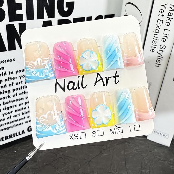 Blue French Press on Nails Medium Duck Nails with Glue,Handmade False Nails 5D Lines and Flower Art Design Muti-Layer Gel Thick False Nails Handmade Nail for Women (Size S)