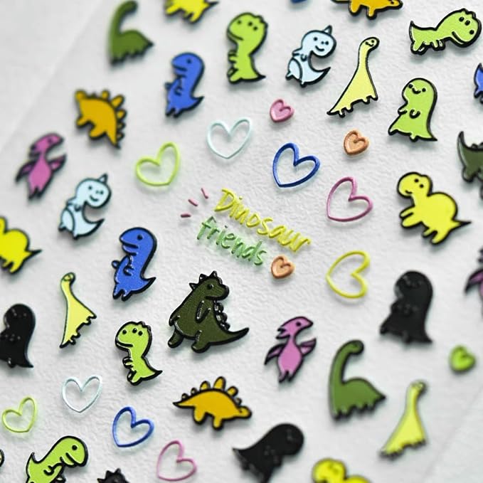Dedyel 5D Embossed Cute Dinosaur Nail Art Stickers Cartoon Kawaii Design Anime Self Adhesive Nail Stickers for Women Kids Girls Nails Art Decorations