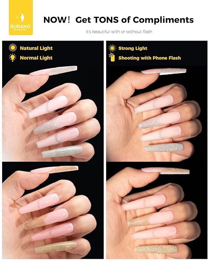 BURANO Holographic Gel Nail Polish Liner Nail Art Polish, Silver Gold Reflective Glitter Painted Gel Nail Design Polish 2 Bottle 8ml, Build in Thin Nail Brush Curing Required LX17 LX13