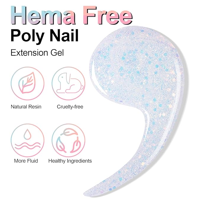 NXJ INFILILA Glitter Poly Nail Gel, Clear Poly Extension Gel Nail Enhancement, Thickening Glossy Builder Home DIY Salon Use for Girls UV/LED Nail Lamp Required P02