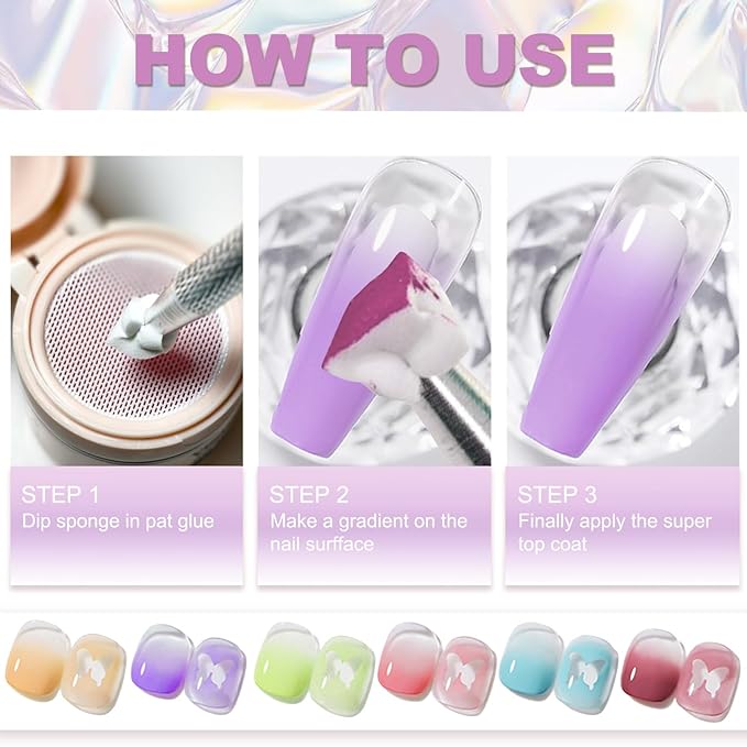 Patting Gel Polish Set, 6 Color Gradient Painting Gel Blooming Nails with Grabbing Pen, 100 Nail Sponges for Ombre, Nail Art Brushes, for Ombre French Manicure DIY Design, C