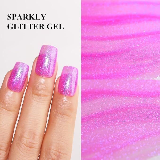 Imtiti Glitter Gel Nail Polish, 0.5 Fl Oz Pink Iridescent Glitter Gel Polish Soak Off LED UV Shimmer Sparkle DIY Art Starter Manicure Salon