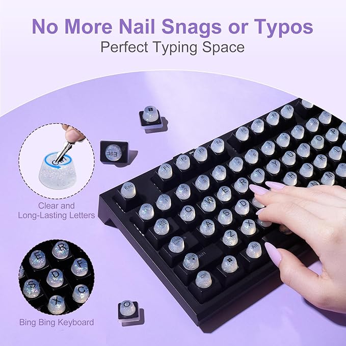 128 Raised Keyboard Stickers for Long Nails, Bling Keyboard Bubbles for Women with Letters, Soft Silicone Nail Art Typing Keycaps for Desktops (Clear, 128pcs)