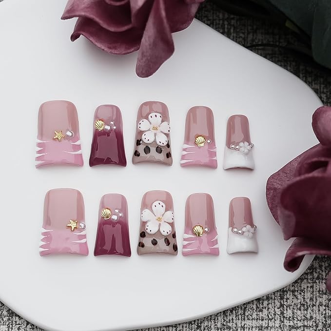Press On Nails Handmade Short Duck Nails, 3D Floral Cute Thick Acrylic Fake Nails White Pink French Tip False Nails with Rhinestones Blossom Designs (Blush White Gradient Daisy,L)