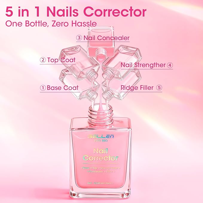 GELLEN PRO BIO Nail Strengthener and Growth, Clear Tinted Pink 5-In-1 One Stop Nail Polish Corrector Treatment | Fortify, Hydrate, Conceal, Smooth, Repair for Damaged, Dry, Uneven, Yellow Nails