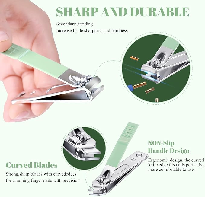 Manicure Set Pedicure Kit Nail Clippers Set Fingernail Clipper Set Ingrown Toenail Nail Kit Scissor Nail Trimmer Kit 18 Pieces Women and Men’s Care Grooming Tools with Fine Case (Tea Green_18 Pieces)